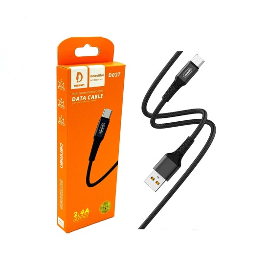 DENMEN FAST CHARGING CABLE D02T TYPE C 2.4A BLACK